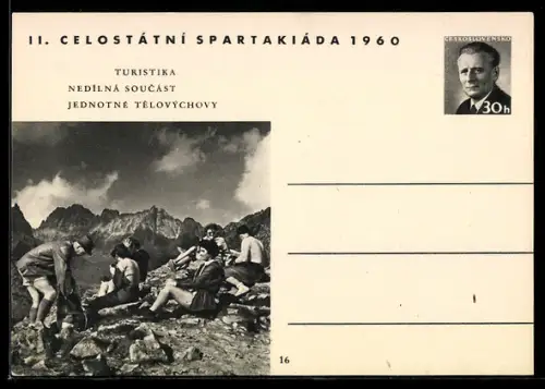 AK II. Celostátni Spartakiáda 1960, Jungendliche bei Wanderung in den Bergen, Ganzsache