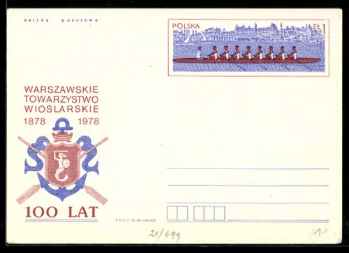 AK Warszawa, Warszawskie Towarzystwo wioslarskie Sto Lat 1878-1978, Ganzsache
