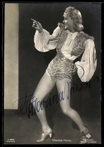 AK Schauspielerin Marika Rökk im Kostüm einer Filmrolle, Autograph