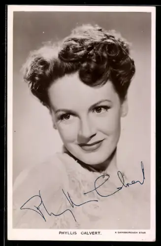 AK Schauspielerin Phyllis Calvert mit lächeldem Blick, Autograph
