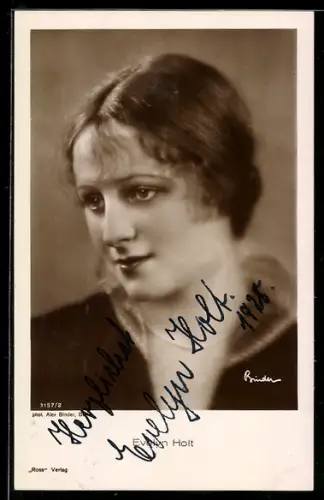 AK Schauspielerin Evelyn Holt nachdenklich schauend, Autograph