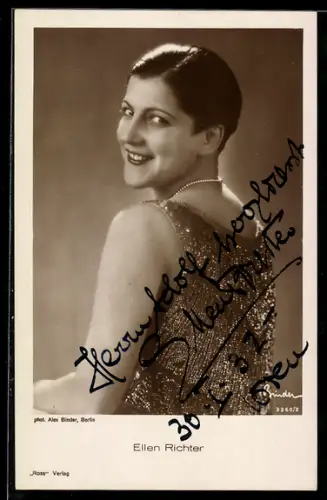 AK Schauspielerin Ellen Richter mit Halskette in Rückenaufnahme, Autograph
