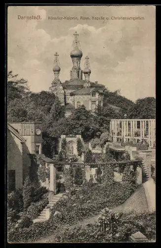 AK Darmstadt, Künstler-Kolonie, Russ. Kapelle, Christiansengarten