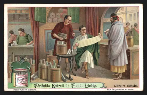 Sammelbild Liebig, Libraire romair, Männer begutachten Schriftrollen