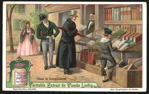 Sammelbild Liebig, Chez le bouquiniste, Herrschaften bei der Buchhandlung