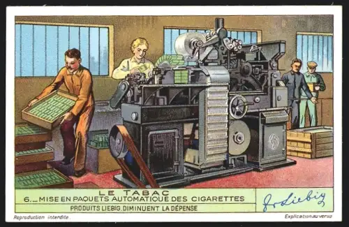 Sammelbild Liebig, Le Tabac, Mise en paquets automatique des cigarettes