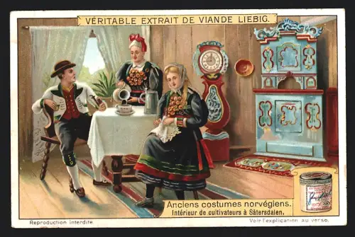 Sammelbild Liebig, Anciens costumes norvégiens, Intérieur de cultivateurs à Satersdalen