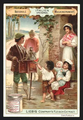 Sammelbild Liebig, Nationale Musikinstrumente, Italien, Drehorgel