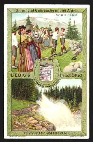 Sammelbild Liebig, Sitten und Gebräuche in den Alpen, Rangeln und Krimmler Wasserfall