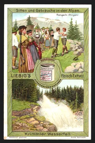 Sammelbild Liebig, Sitten und Gebräuche in den Alpen, Rangeln und Krimmler Wasserfall