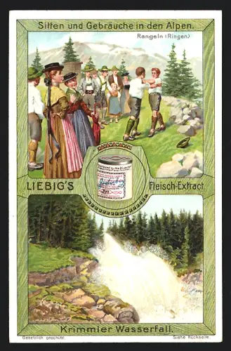 Sammelbild Liebig, Sitten und Gebräuche in den Alpen, Rangeln und Krimmler Wasserfall