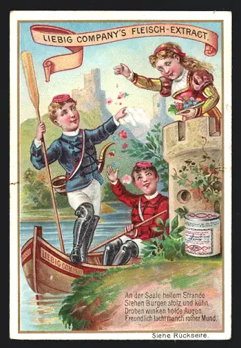 Sammelbild Liebig, An der Saale hellem Strande, Mann auf Gondola macht Frau auf Turm den Hof
