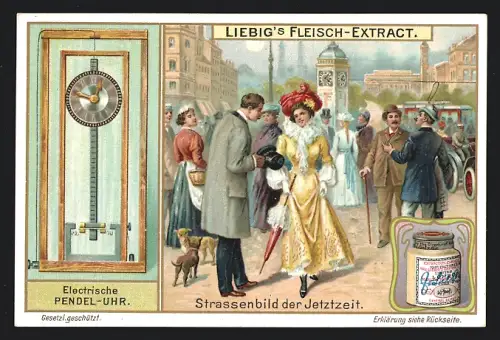 Sammelbild Liebig, Strassenbild der Jetztzeit, Electrische Pendel-Uhr