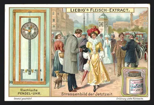 Sammelbild Liebig, Strassenbild der Jetztzeit, Electrische Pendel-Uhr