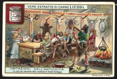 Sammelbild Liebig, Abitazioni nell`antichita, La sala dei banchetti della residenza di Araldo Harfaager
