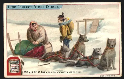 Sammelbild Liebig, Wie man reist, Grönland, Hundeschlitten der Eskimos