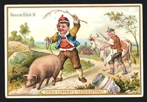 Sammelbild Liebig, Hans im Glück, Hans treibt Schwein mit erhobenem Zweig an