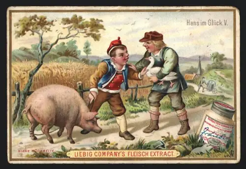 Sammelbild Liebig, Hans im Glück, Hans tauscht sein Schwein gegen Gans ein