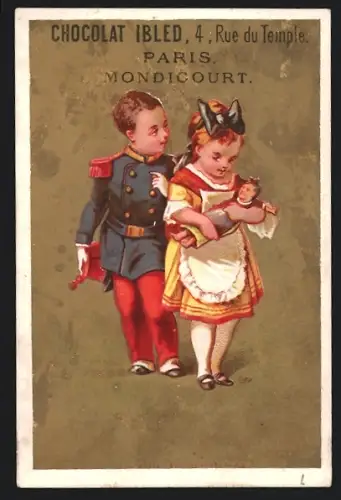 Sammelbild Chocolat Ibled, Paris, Rue du Temple 4, Mädchen mit einer Puppe, Kleiner Soldat