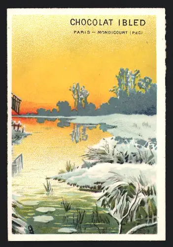 Sammelbild Chocolat Ibled, Paris, Rue du Temple 4, Winterlandschaft am Wasser