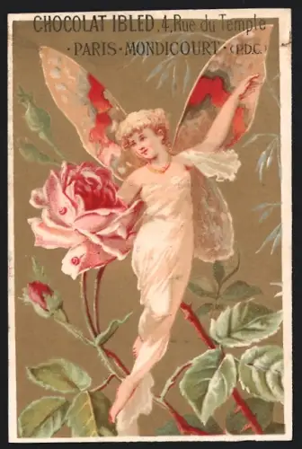 Sammelbild Chocolat Ibled, Paris, Elfe mit Schmetterlingsflügeln und Rose