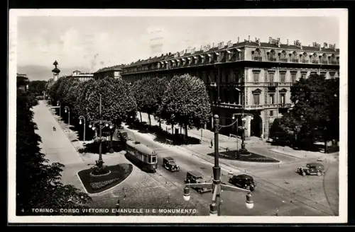 AK Torino, Corso Vittorio Emanuele II e Monumento, Strassenbahn