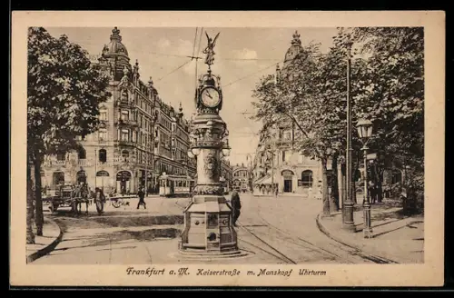 AK Frankfurt, Kaiserstrasse mit Manskopf Uhrturm und Strassenbahn