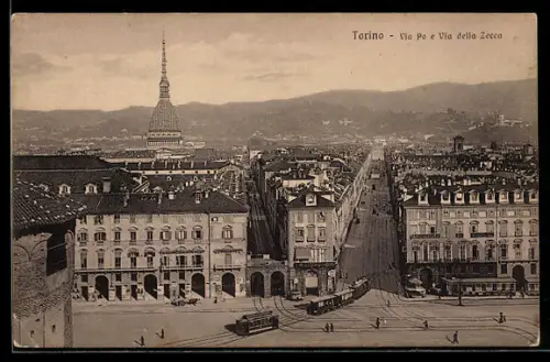 AK Torino, Via Po e Via della Zecca, Strassenbahn