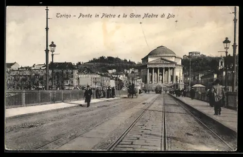 AK Torino, Ponte in Pietra e la Gran Madre di Dio, Strassenbahn