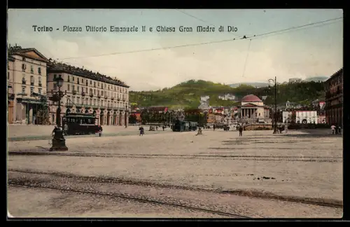 AK Torino, Piazza Vittorio Emanuele II e Chiesa Gran Madre di Dio, Strassenbahn