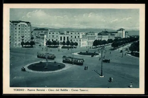 AK Torino, Piazza Bernini, Casa del Balilla, Corso Tassoni, Strassenbahn