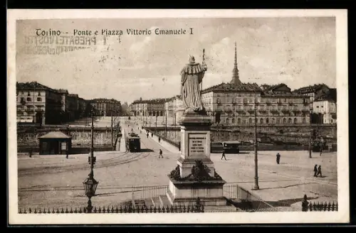 AK Torino, Ponte e Piazza Vittorio Emanuele I, Strassenbahn