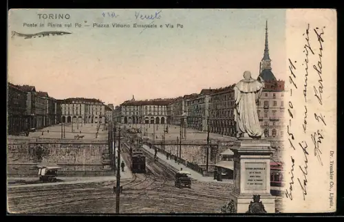 AK Torino, Ponte in Pietra sul Po, Piazza Vittorio Emanuele e Via Po, Strassenbahn