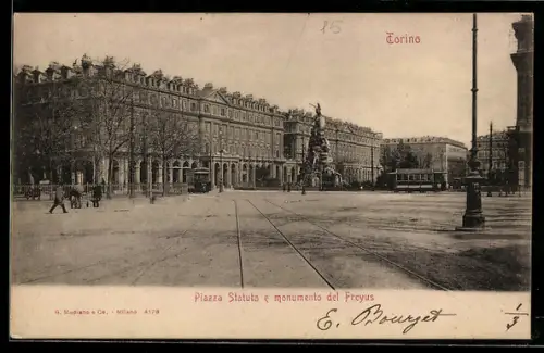 AK Torino, Piazza Statuto e monumento del Freyus, Strassenbahn