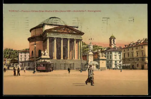 AK Torino, Piazza e Chiesa Gran Madre di Dio anno 1831, Strassenbahn