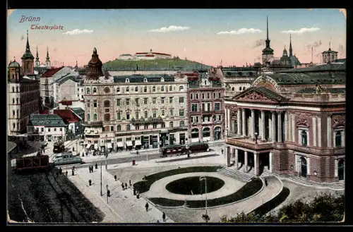 AK Brünn, Theaterplatz mit Strassenbahn