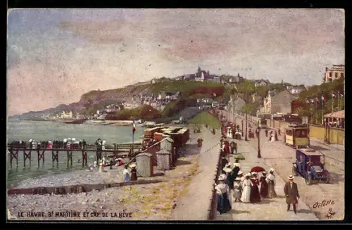 Künstler-AK Le Havre, Boulevard Maritime et Cap de La Heve, Strassenbahn