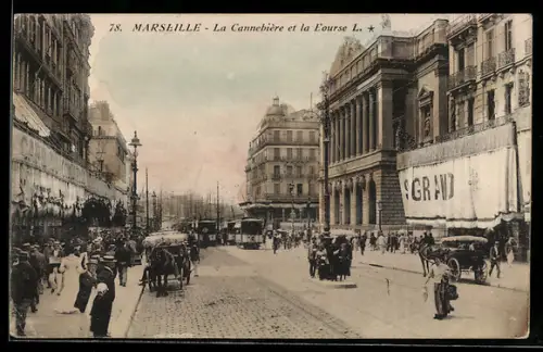 AK Marseille, La Cannebière et la Bourse, Strassenbahn