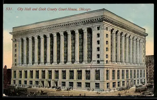 AK Chicago, Citty Hall and Cook County Court House, Strassenbahn