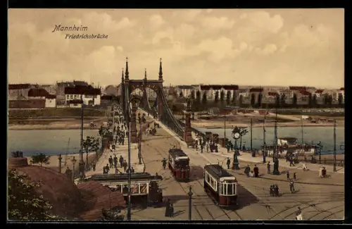 AK Mannheim, Strassenbahnen verlassen die Friedrichsbrücke