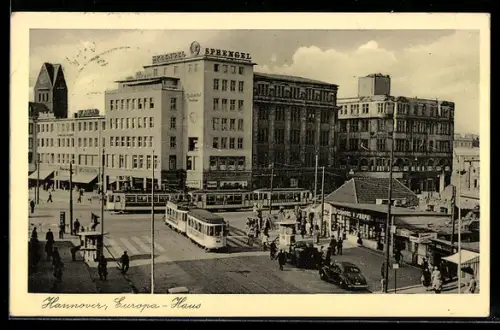 AK Hannover, Europa-Haus mit Strassenbahn