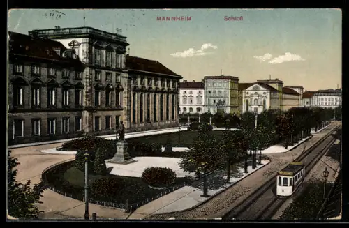 AK Mannheim, Schloss mit Strassenbahn