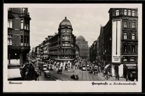AK Hannover, Georgstrasse und Nordmannstrasse mit Strassenbahn