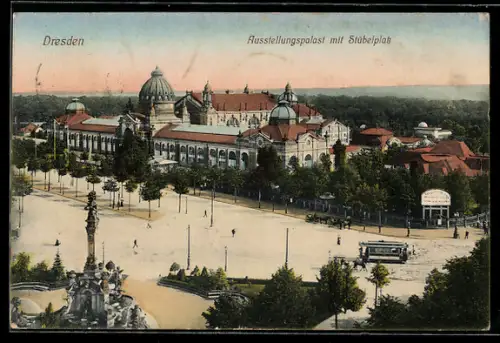 AK Dresden, Ausstellungspalast mit Stübelplatz, Strassenbahn