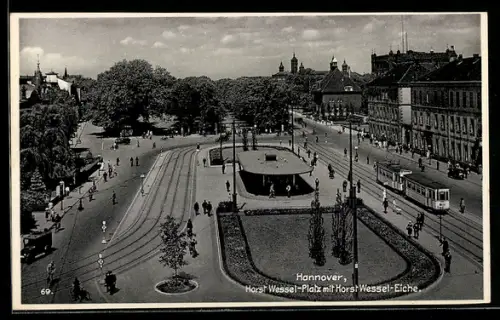 AK Hannover, Platz mit Eiche und Strassenbahn