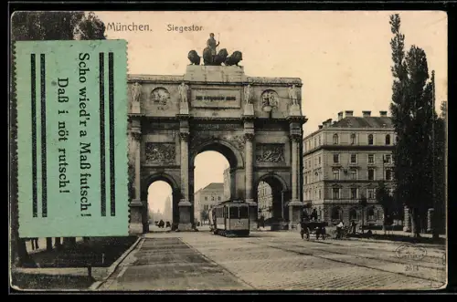 AK München, Siegestor mit Strassenbahn