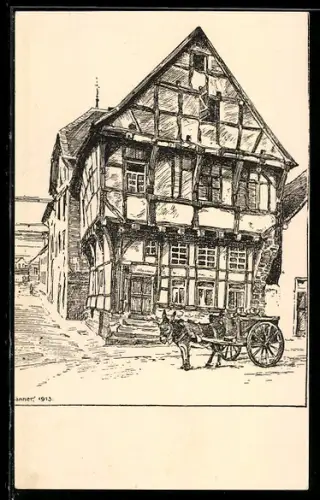 Künstler-AK Gelnhausen, Gothischer Fachwerkbau in der Poststrasse