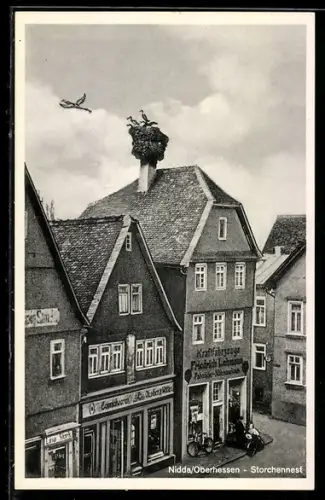 AK Nidda /Oberhessen, Storchennest über Kraftfahrzeuggeschäft Friedrich Lehmann