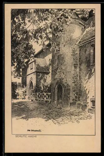Künstler-AK Otto Ubbelohde: Schlitz, Eingang der Kirche