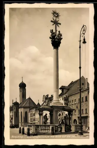 AK Straubing, Dreifaltigkeitssäule mit Blick auf die Jesuitenkirche